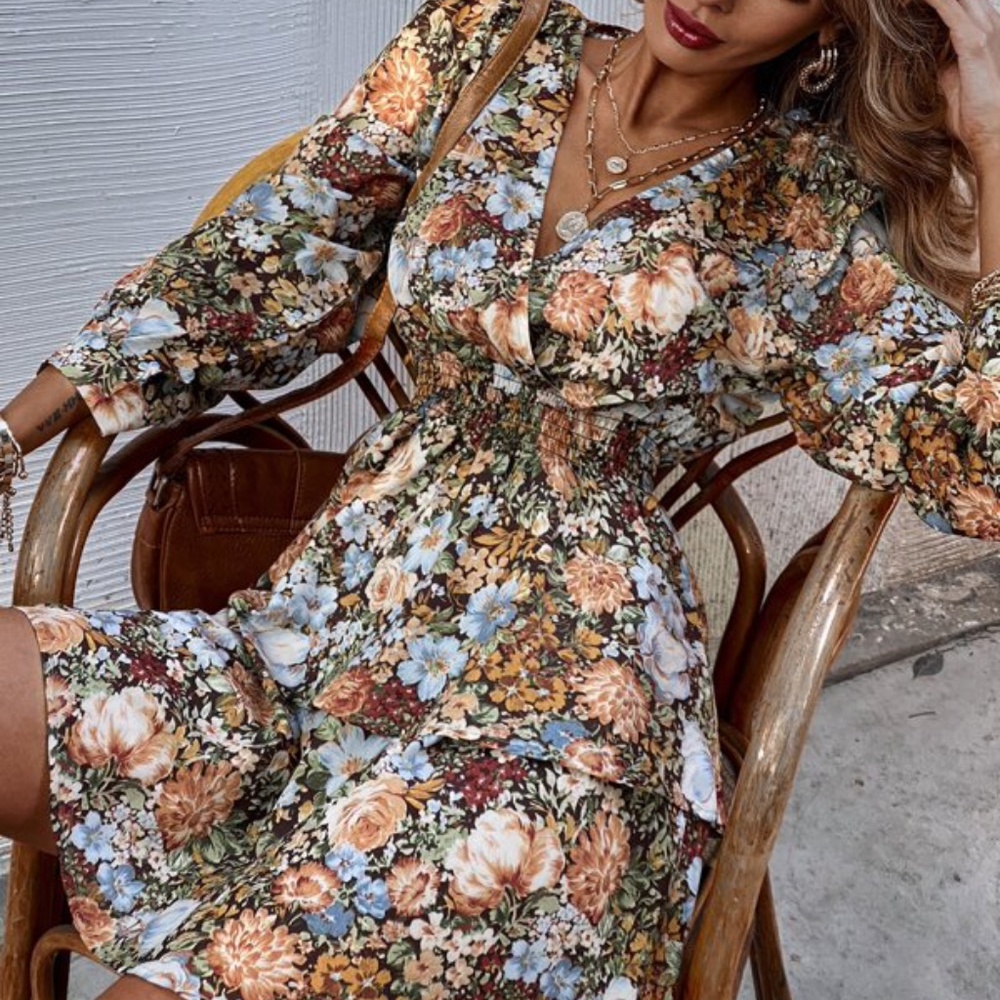 Boho Brown Blue Floral Print Surplice Ruffle Dress Cottagecore - Picture 8 of 10